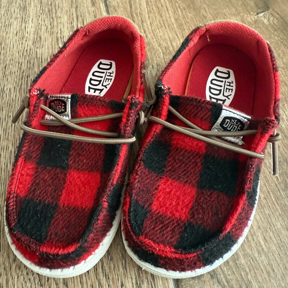Hey Dude Red and Black Buffalo Plaid Shoes